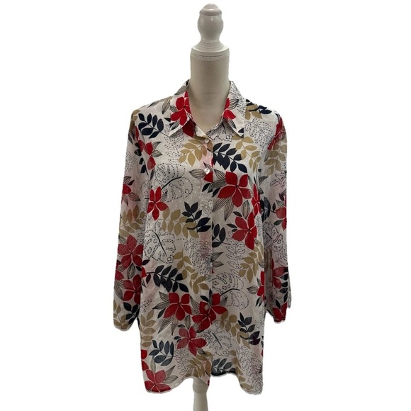 Alfred Dunner Tops - Alfred Dunner White w Red Multi Floral 3/4 Sleeve Top Plus Size 22W Swiss Dot